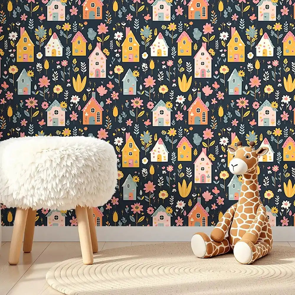 Beautiful colorful houses and floral kids room nursery wallpaper adds color.