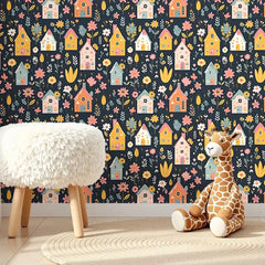 Beautiful colorful houses and floral kids room nursery wallpaper adds color.