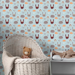 Beautiful dreamy bunny and rainbow kids room nursery wallpaper adds warmth.