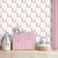Beautiful fairy princess rainbow castle kids room wallpaper adds fantasy.