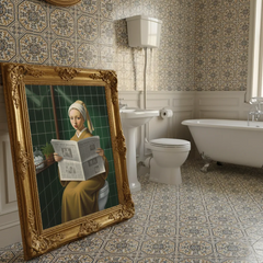 Beautiful funny girl with a pearl earring parody bathroom art poster sticker enhances wall decor.