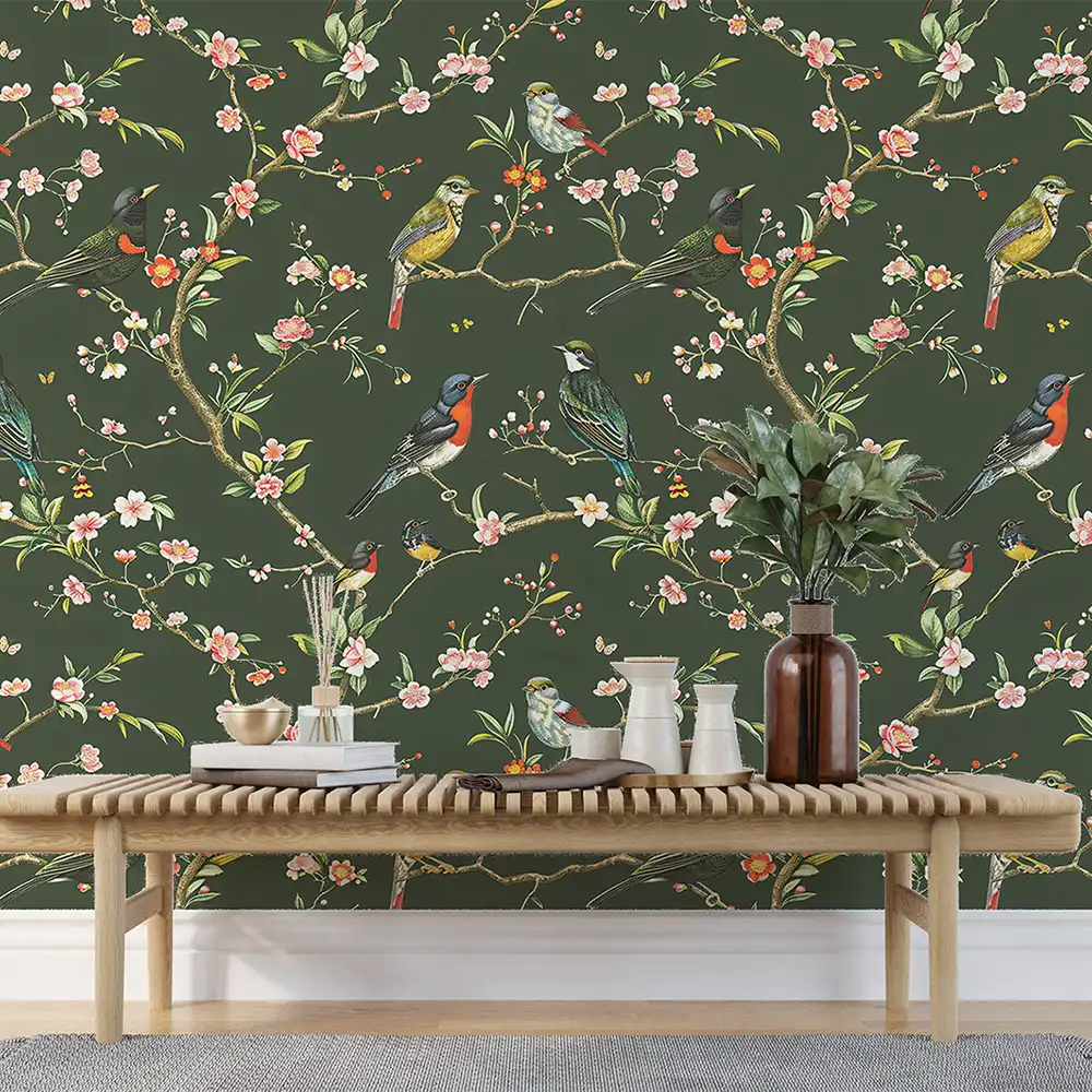 Beautiful Green Chinoiserie Bird Wallpaper ideas for your home.