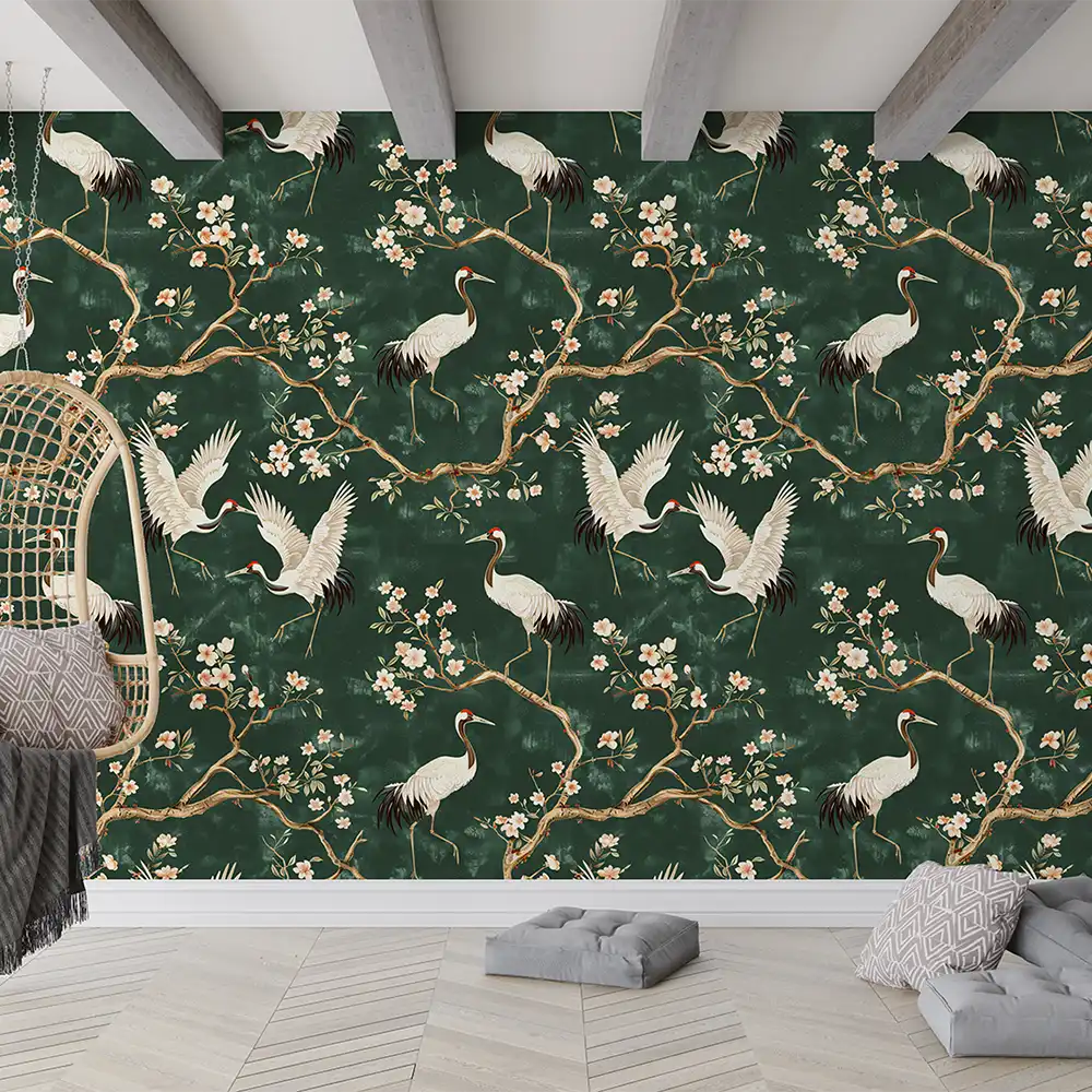 Beautiful Green Chinoiserie Crane Wallpaper ideas for your home.
