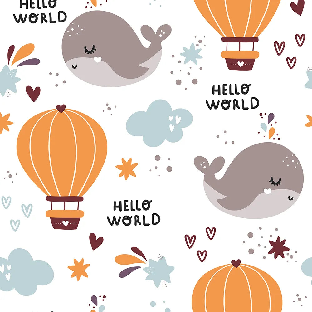 Beautiful hello world whale and balloon kids room nursery wallpaper looks charming.