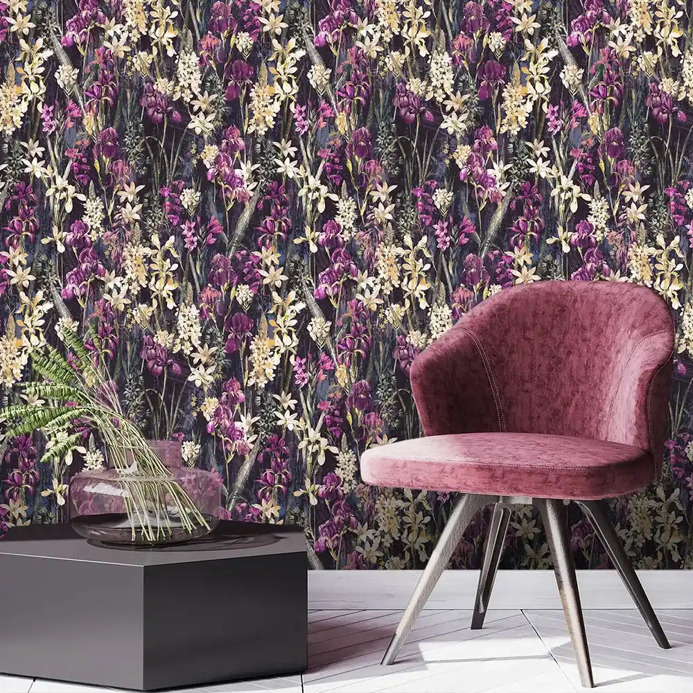 Beautiful midnight orchid floral wallpaper transforms dark feature walls.