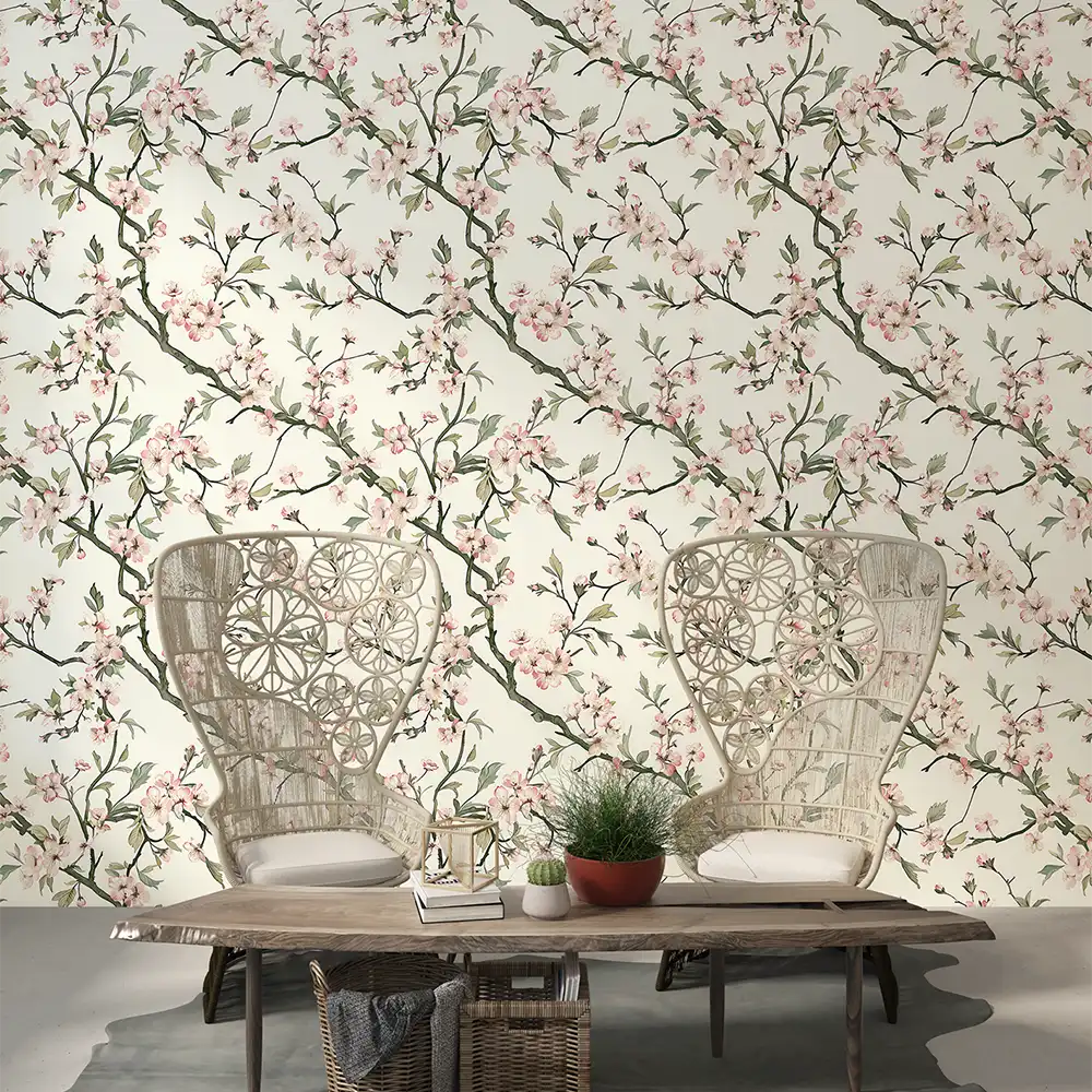 Beautiful soft pink sakura botanical wall mural sticker enhances living room wall decor.