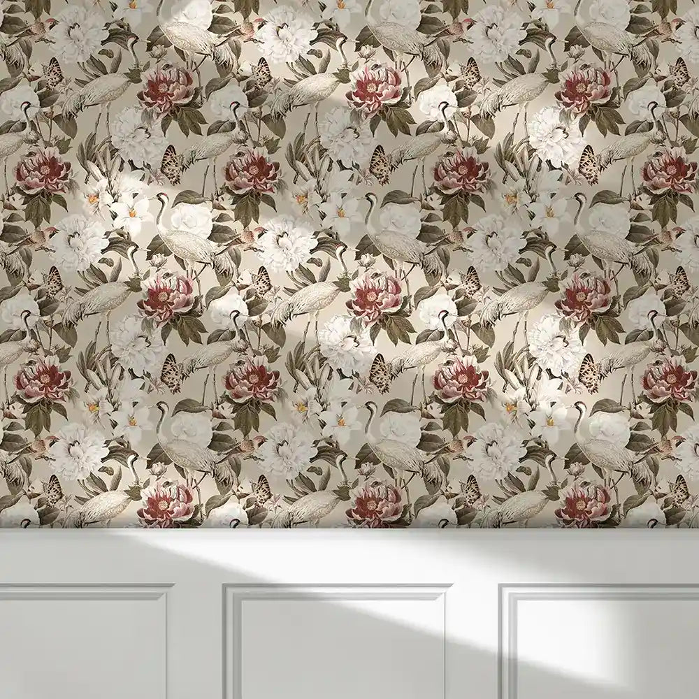 Beautiful vintage crane and peony botanical wallpaper enhances classic spaces.