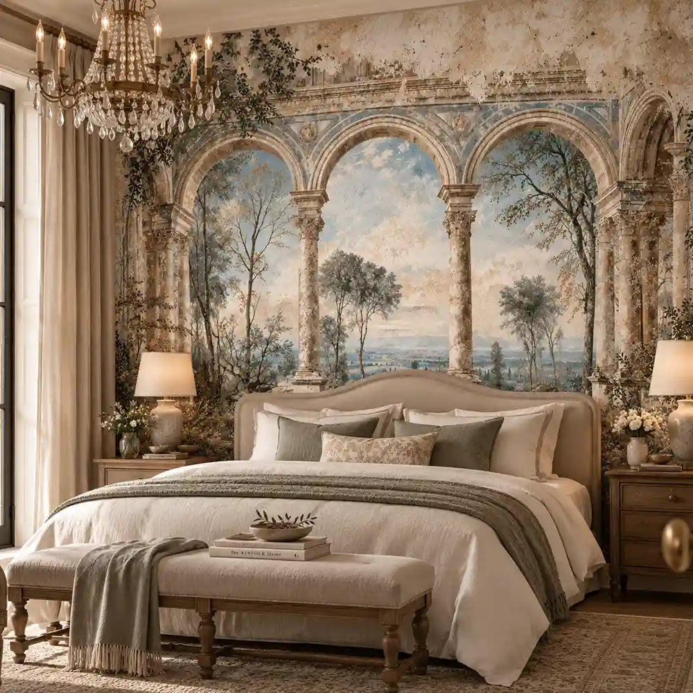 Bedroom accent wall with a weathered Italian loggia landscape fresco mural