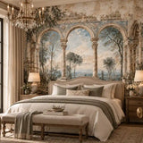 Bedroom accent wall with a weathered Italian loggia landscape fresco mural