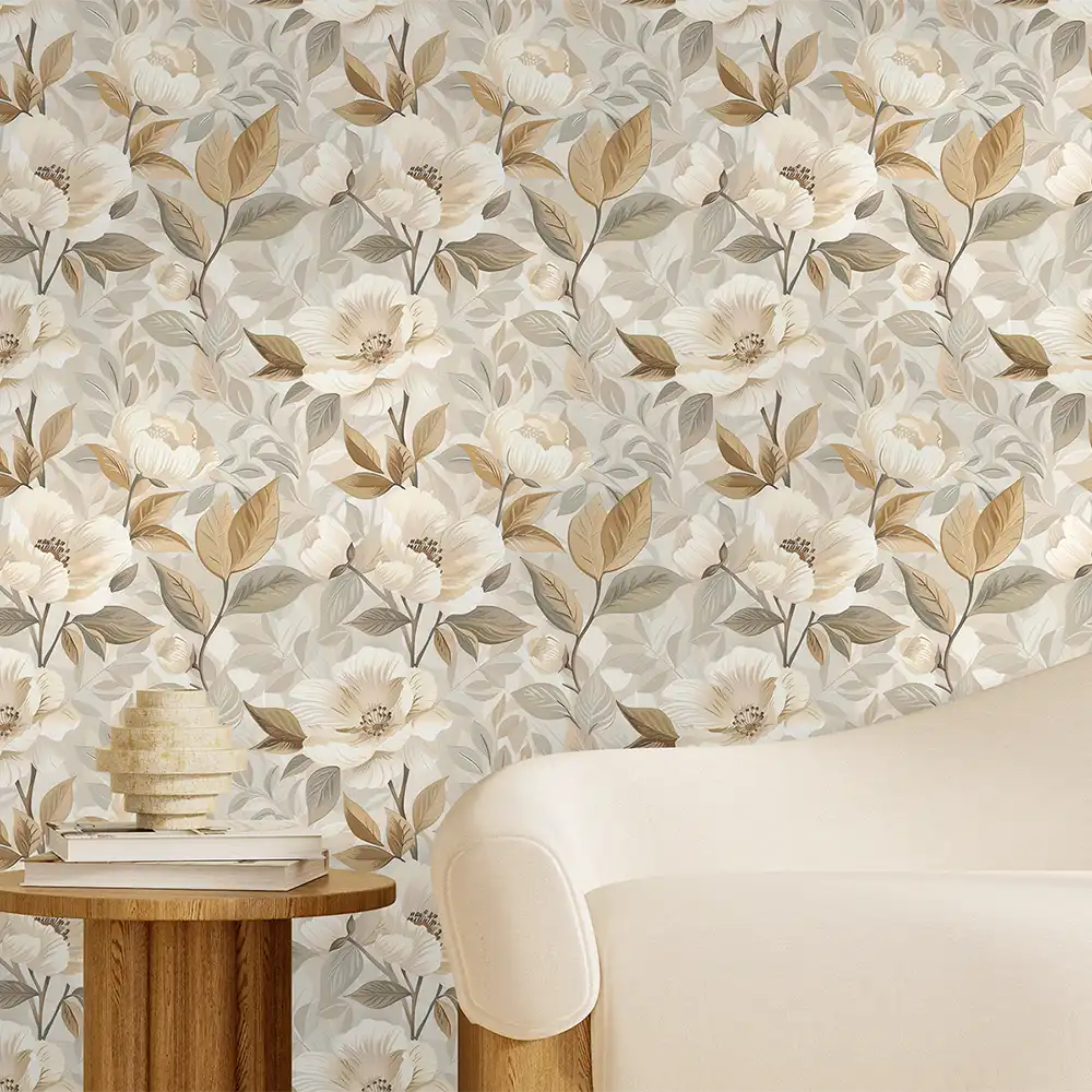 Beige and Gold Floral Wallpaper for kitchens to create warmth.