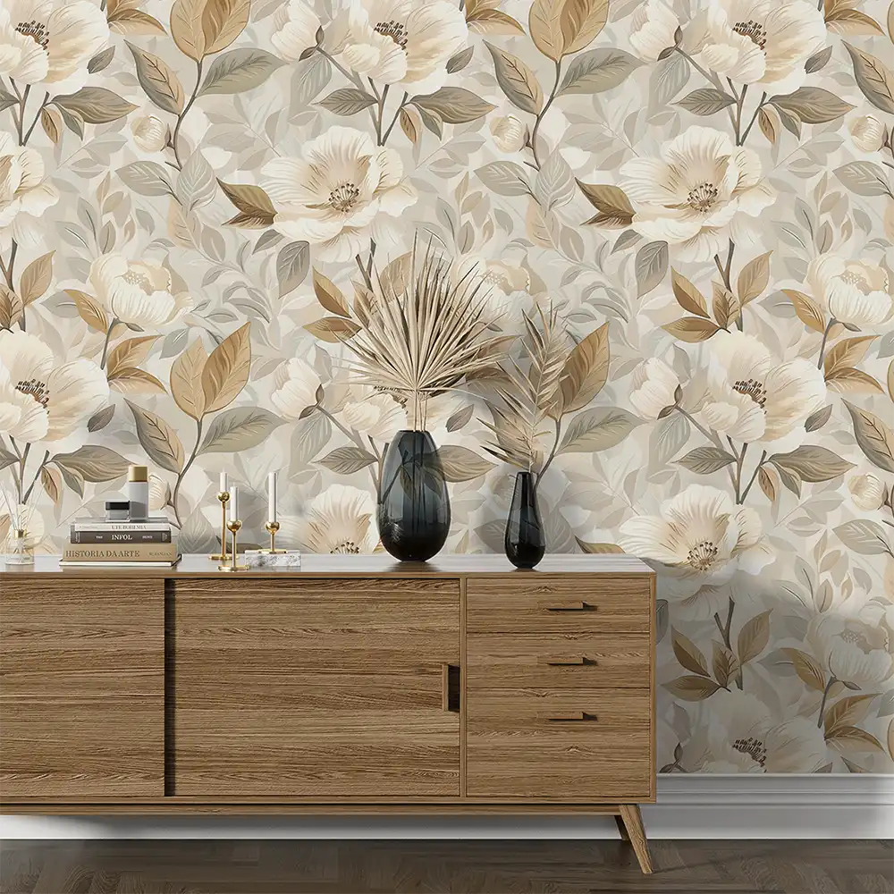 Beautiful Beige and Gold Floral Wallpaper for living rooms.