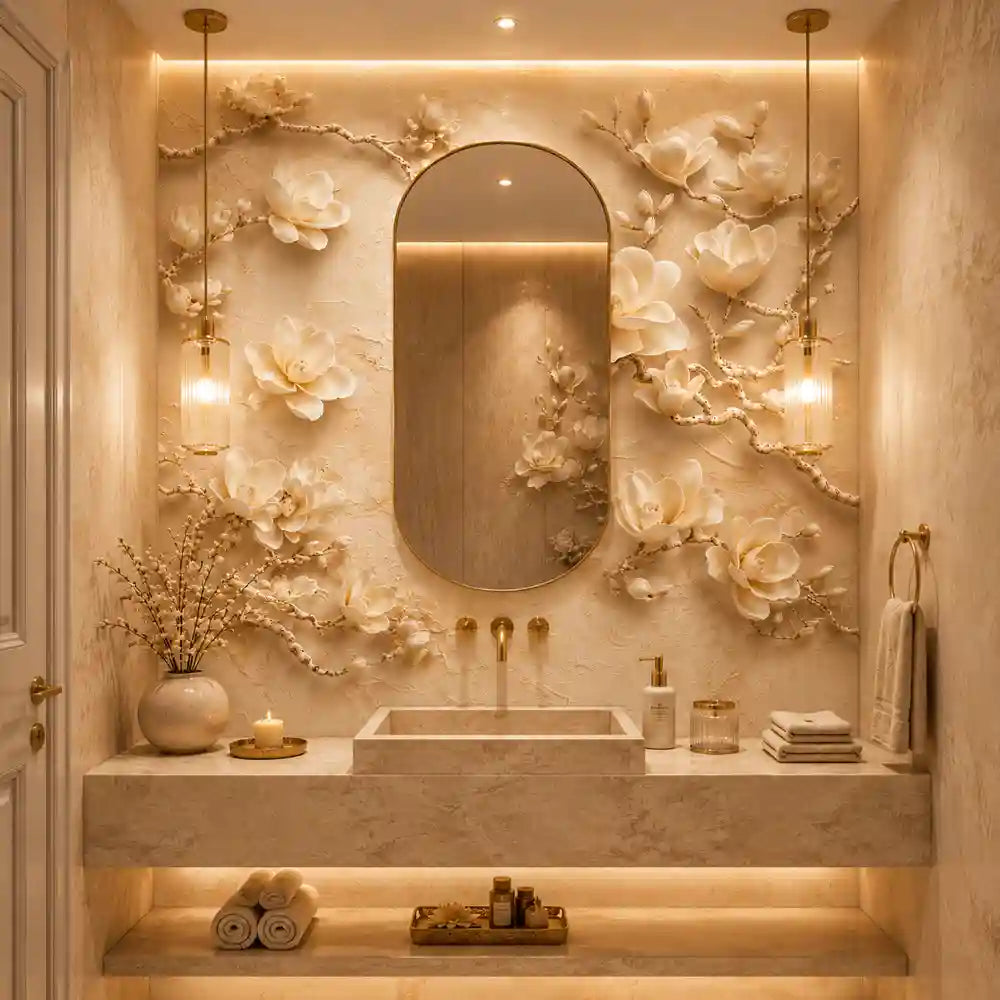 3D magnolia wall mural in a beige bathroom with arched mirror and pendant lights