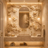3D magnolia wall mural in a beige bathroom with arched mirror and pendant lights