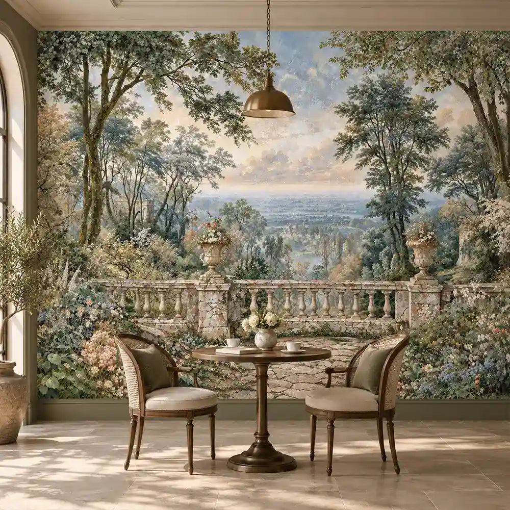 Bistro table set framed by a romantic European garden terrace wall mural
