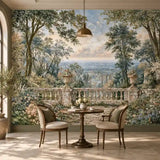 Bistro table set framed by a romantic European garden terrace wall mural