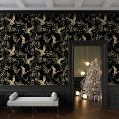 Stunning Black and Gold Crane Wallpaper for your living room.