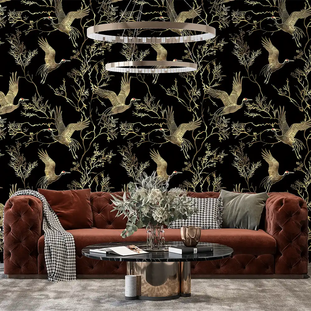 Black and Gold Crane Wallpaper for an elegant office setting.