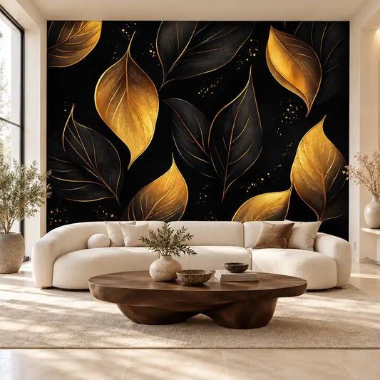 Black and gold leaf wall mural behind a white curved sofa in a luxury living room