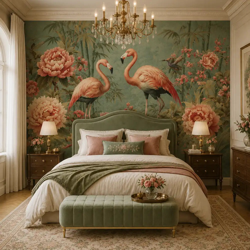 Blush flamingo mural detail showing elegant bird and tropical leaf arrangement