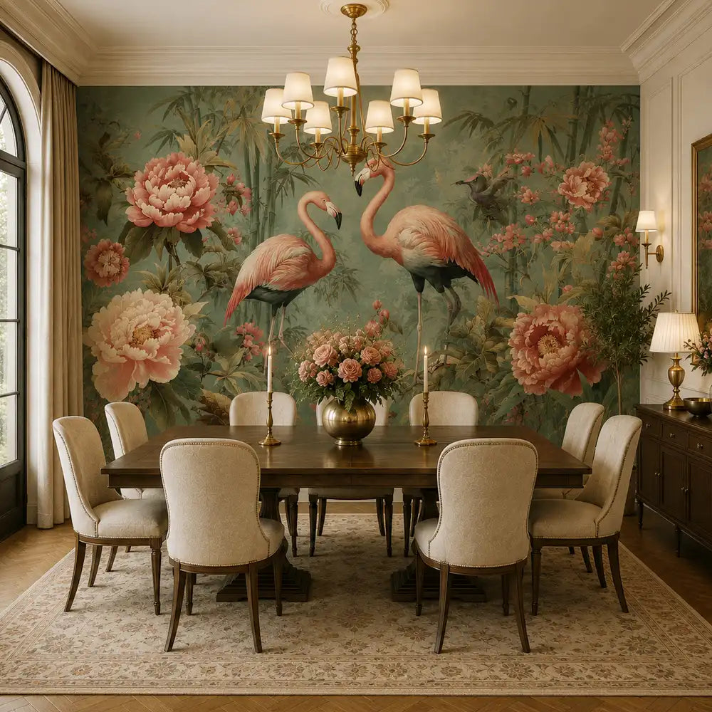 Pink flamingo garden mural installed in master bedroom, large wall panorama view