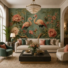 Flamingo tropical mural close-up with dusty sage palm fronds and floral accents