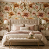 Meadow floral wallpaper in living room, delicate blush botanical accent wall view
