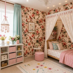 Blush songbird peel-and-stick wallpaper sample showing pastel garden pattern detail