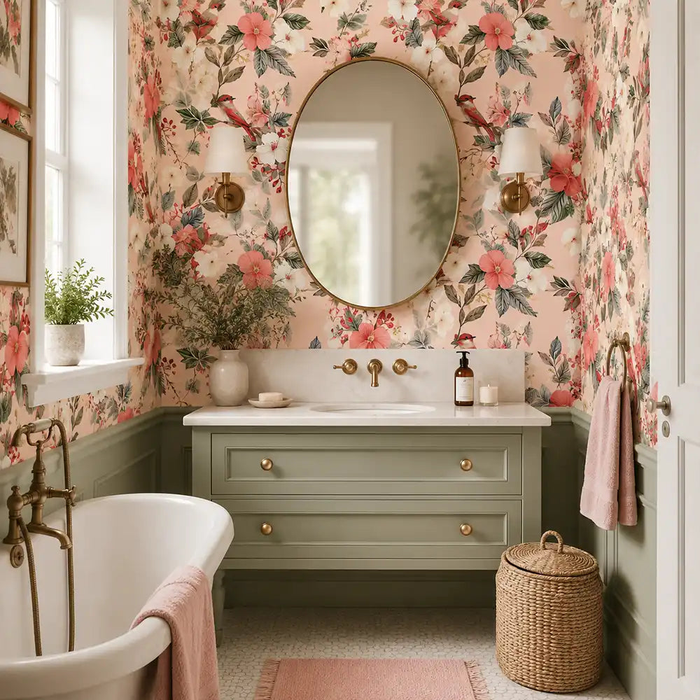 Pink botanical wallpaper with songbird motif, installed on bedroom feature wall