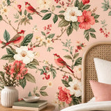 Removable blush floral bird wallpaper lifestyle view, soft romantic bedroom interior