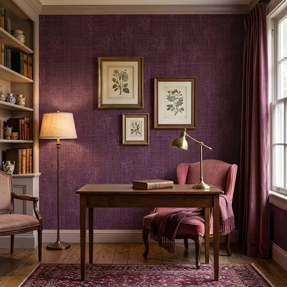 Peel-and-stick linen texture wallpaper in dusty pink, bedroom accent wall styling
