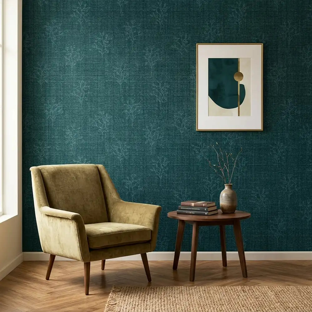 Botanical linen wallpaper edge detail showing smooth peel-and-stick application