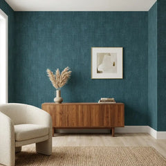 Full wall installation of linen botanical wallpaper, natural light room ambiance