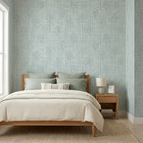Linen botanical peel-and-stick wallpaper in navy blue, rich bedroom accent wall design