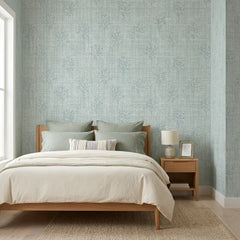 Linen botanical peel-and-stick wallpaper in navy blue, rich bedroom accent wall design