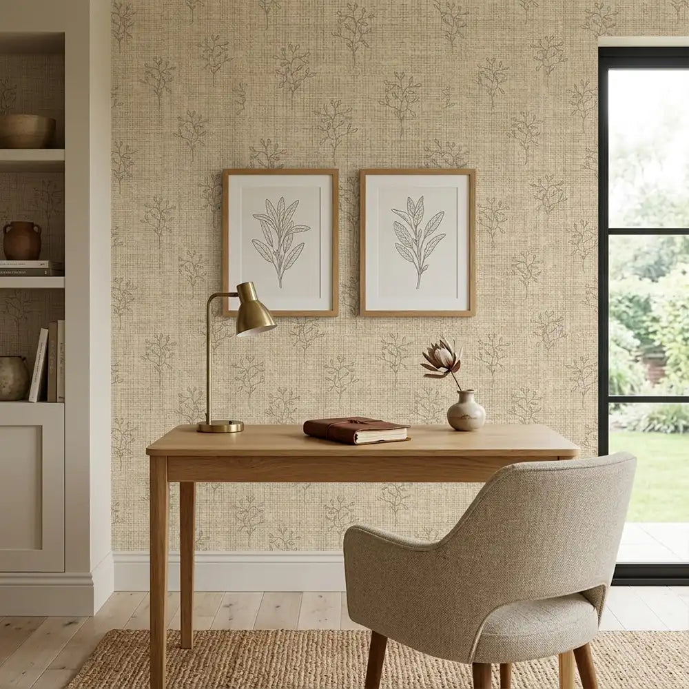 Linen texture botanical wallpaper close-up showing woven fabric pattern and floral overlay