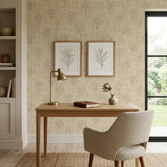 Linen texture botanical wallpaper close-up showing woven fabric pattern and floral overlay