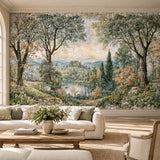 Botanical pastoral landscape wall mural with olive trees and lake in a living room