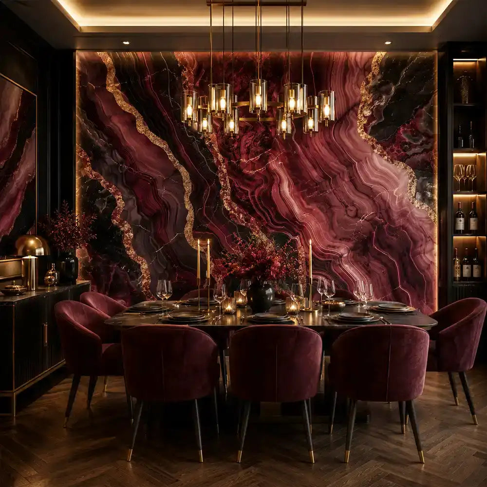 Burgundy noir agate mural full bedroom wall showing deep red and black stone veins