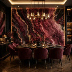 Burgundy noir agate mural full bedroom wall showing deep red and black stone veins