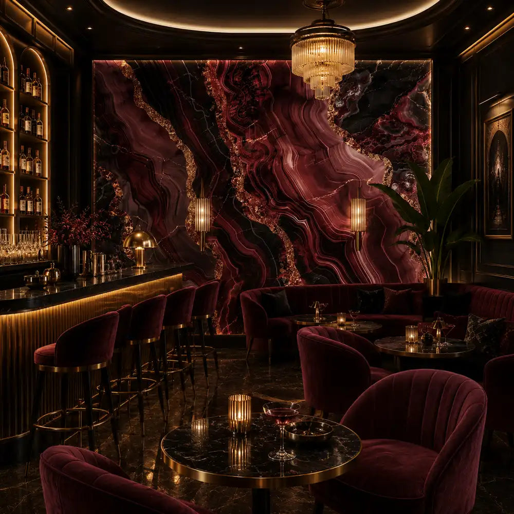 Agate mural close-up detail with burgundy swirls and dark mineral crystalline pattern