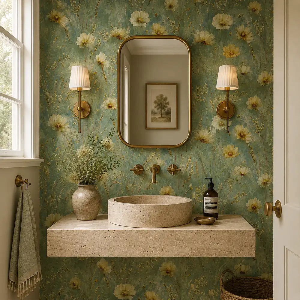 Sunny bathroom featuring buttercup meadow wallpaper for a cheerful floral vibe