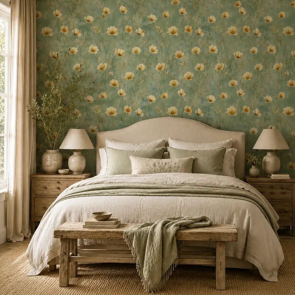 Warm bedroom setting with buttercup meadow wallpaper as a golden floral backdrop