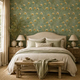 Warm bedroom setting with buttercup meadow wallpaper as a golden floral backdrop