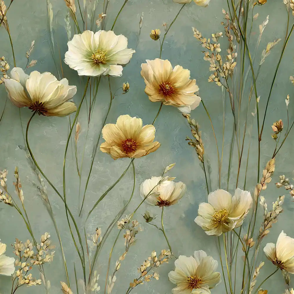Closeup of buttercup meadow wallpaper pattern featuring golden yellow floral detail