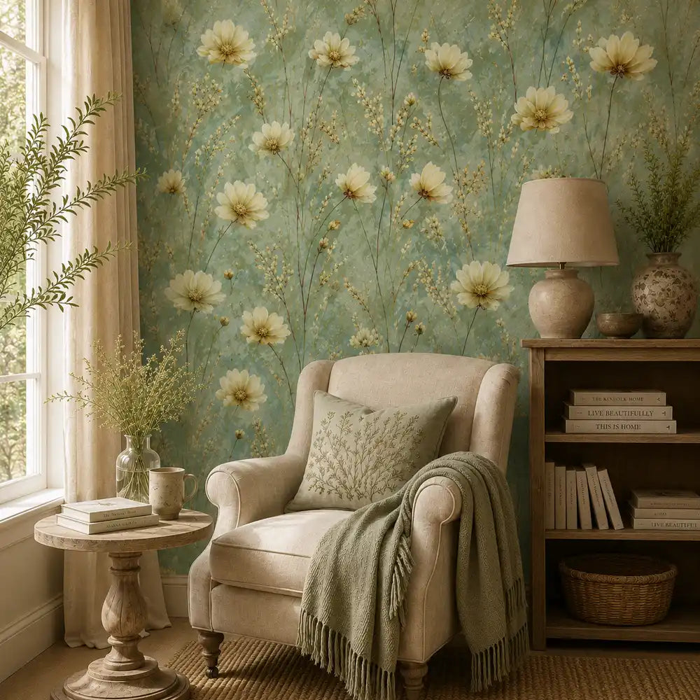 Cozy armchair corner accented by buttercup meadow wallpaper for quiet reading