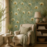 Cozy armchair corner accented by buttercup meadow wallpaper for quiet reading