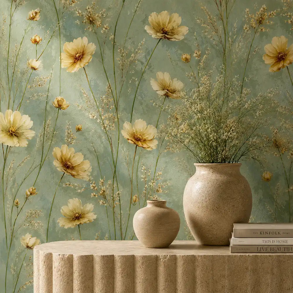 Buttercup meadow wallpaper styled behind a decor stand with vases and books