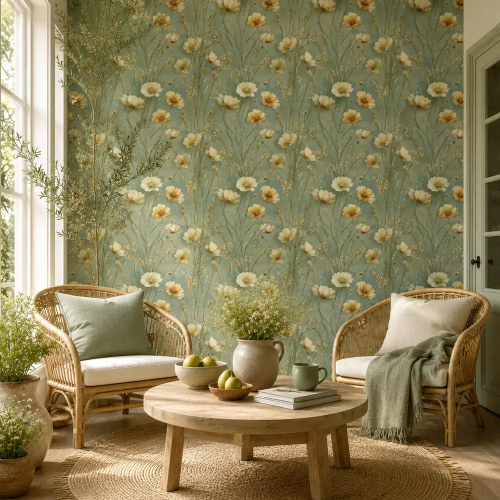 Sunroom with rattan chairs showcasing buttercup meadow wallpaper for a relaxed feel