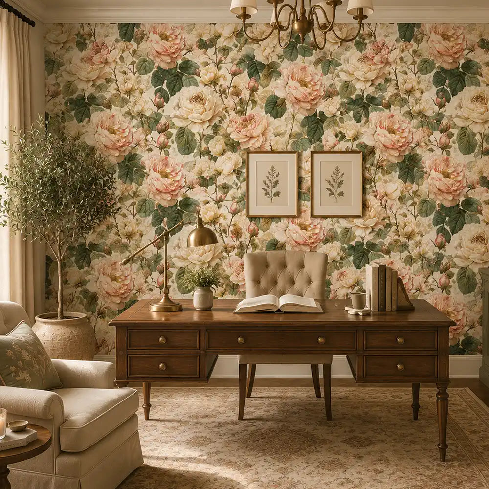 Buy blush garden rose wallpaper online from the Wall Decor Design range.