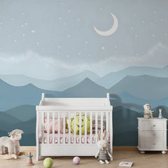 Soft Blue Night Mountain Wallpaper – Calm Peel-and-Stick Bedroom Kids Room Design